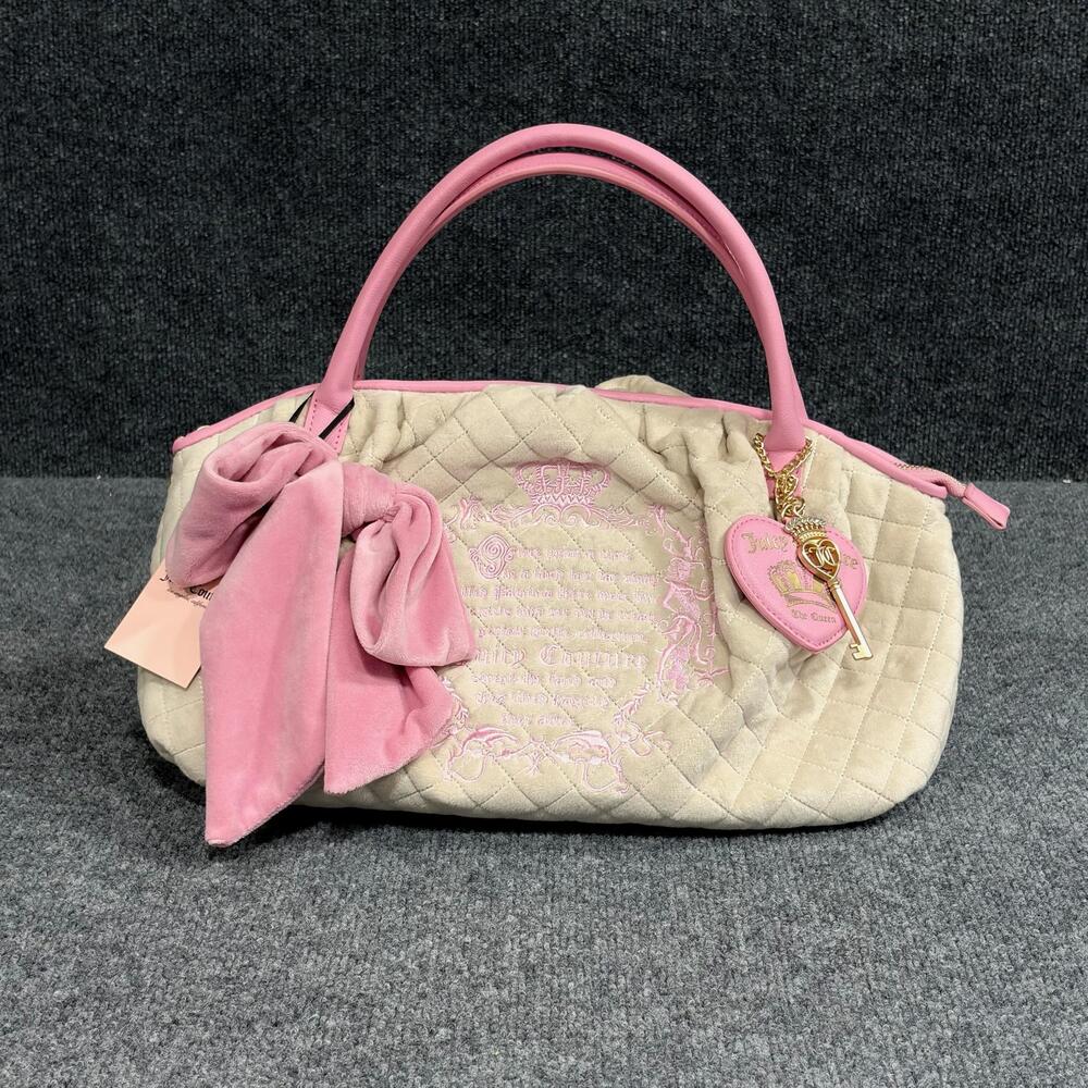 Juicy Couture Satchel Bag Womens Medium Sand Pink Quilted Juicy Tale Bowler